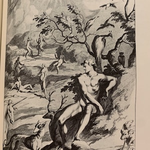 A black and white illustration of a man sitting on a rock with a deer and a dog beside him. There are other figures in the background, including a unicorn, a peacock, and a sun with a face.