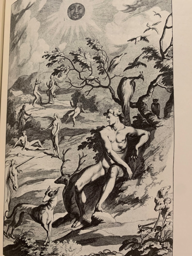 A black and white illustration of a man sitting on a rock with a deer and a dog beside him. There are other figures in the background, including a unicorn, a peacock, and a sun with a face.