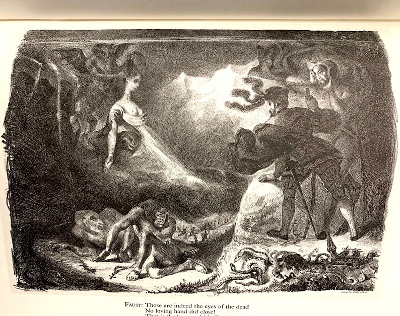 May include: A black and white illustration of a scene from the play Faust. The image depicts a woman in a white dress, a man in a dark coat, and a figure lying on the ground. The text "Those are indeed the eyes of the dead No loving hand did close!" is visible at the bottom of the image.