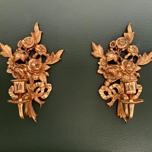 Pair of Vintage Brass Candle Sconces - Ornate Gold Candlesticks with Floral Motif