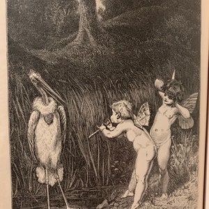 May include: Black and white illustration of a bird standing in water, with two cherubic figures with wings nearby. One figure plays a flute, while the other looks on. The background features tall grass, a tree, and a dark forest.