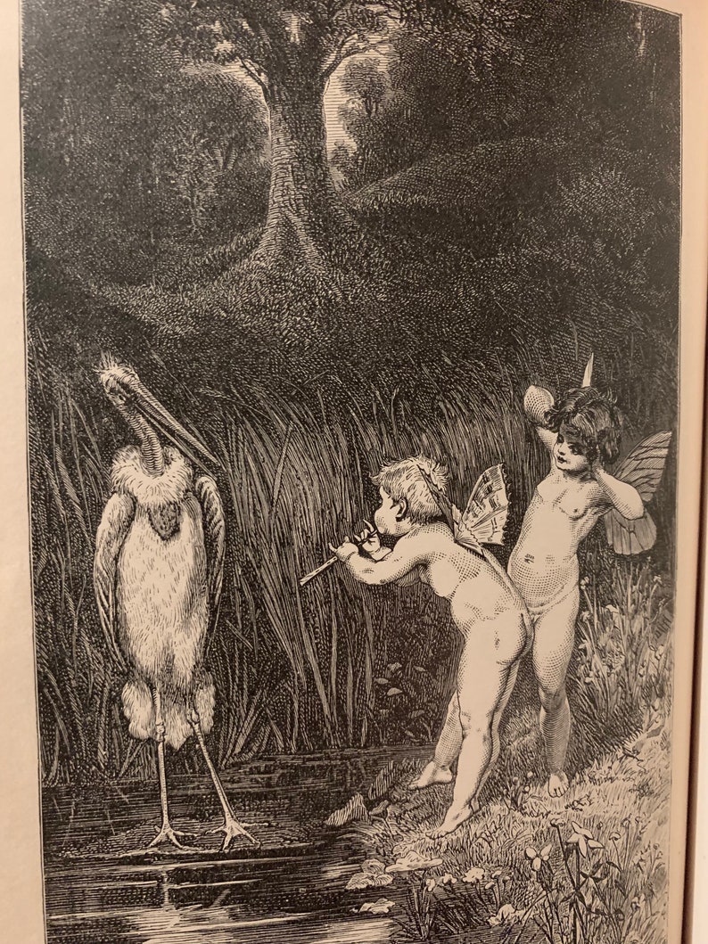 May include: Black and white illustration of a bird standing in water, with two cherubic figures with wings nearby. One figure plays a flute, while the other looks on. The background features tall grass, a tree, and a dark forest.