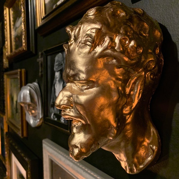 Greek Bust Wall Sculpture:  Gilded Satyr Deity Head Accent Piece for Gothic Home Decor