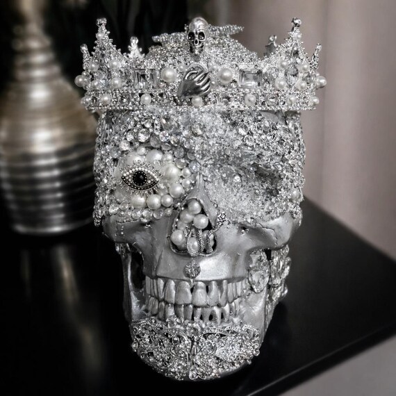 Crystal Skull Statement Crown Headpiece - Silver Tone And Rhinestone Amazon.com: JWICOS Halloween Skull Rhinestone Headband  main image 2
