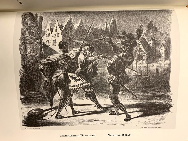 May include: A black and white illustration of three men in a duel. The men are wearing swords and are in a fighting stance. The background is a city street with buildings and a clock tower.