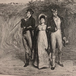 May include: An antique black and white illustration depicts a woman in a white dress and two men in formal attire walking on a path. The men have their arms around the woman. One man holds a cane and the other a hat. The scene is set outdoors.