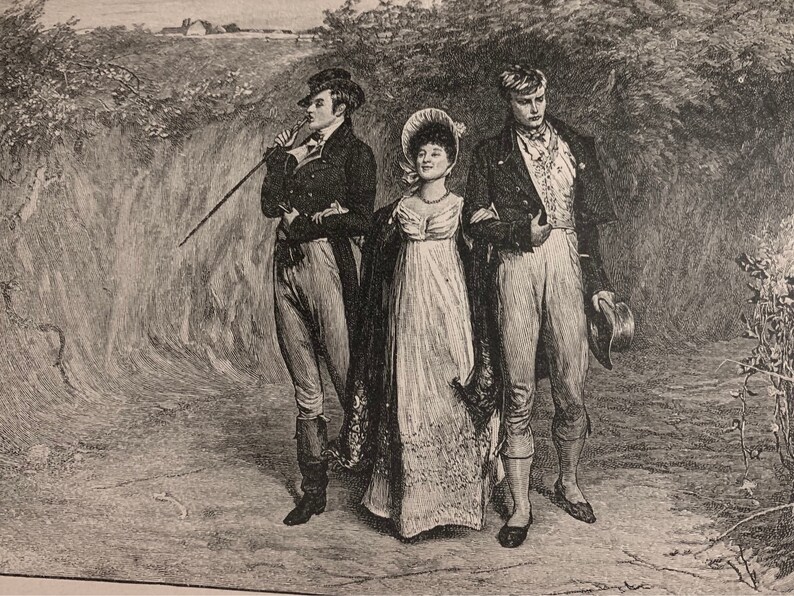 May include: An antique black and white illustration depicts a woman in a white dress and two men in formal attire walking on a path. The men have their arms around the woman. One man holds a cane and the other a hat. The scene is set outdoors.