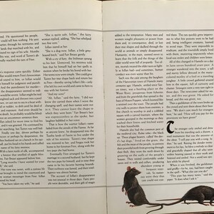 May include: An open book with illustrations of rats and a fairy tale about a town called Hameln. The text describes the story of a Pied Piper who lured the rats away from the town.
