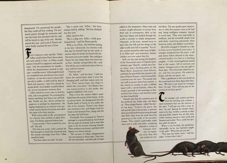 May include: An open book with illustrations of rats and a fairy tale about a town called Hameln. The text describes the story of a Pied Piper who lured the rats away from the town.
