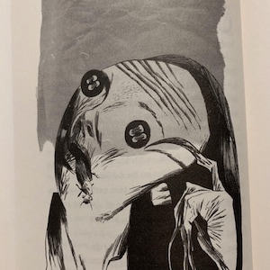 May include: A black and white ink illustration depicting a stylized figure with two dark buttons for eyes. The figure has long, thin, spindly fingers and a textured, lined face. A small, beetle-like insect is positioned on the lower left side.