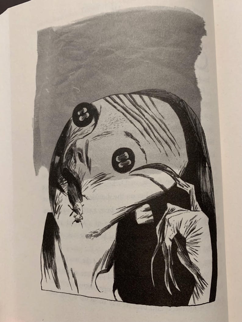 May include: A black and white ink illustration depicting a stylized figure with two dark buttons for eyes. The figure has long, thin, spindly fingers and a textured, lined face. A small, beetle-like insect is positioned on the lower left side.