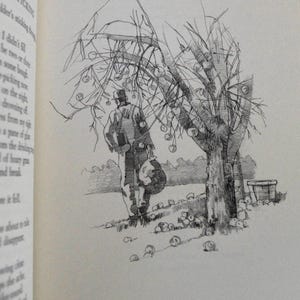 A black and white pencil drawing of a person with a hat and a bag walking away from a tree with apples on it. The person is walking away from the viewer and the tree is in the background. There are apples on the ground around the tree.