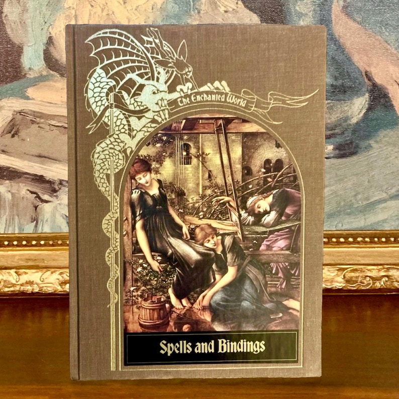 May include: A vintage book cover with a brown background and gold accents. The cover features a dragon illustration and the text "The Enchanted World" and "Spells and Bindings".