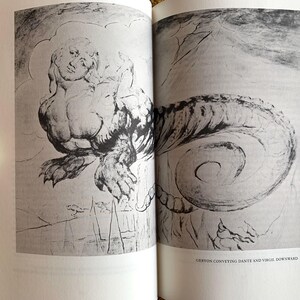 May include: A black and white illustration of a mythical creature, Geryon, conveying Dante and Virgil downward. Geryon has a human torso and a serpent-like tail.