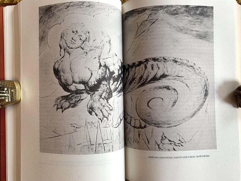 May include: A black and white illustration of a mythical creature, Geryon, conveying Dante and Virgil downward. Geryon has a human torso and a serpent-like tail.