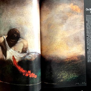 May include: A painting of a man in a white tank top sitting on the ground with a red flower in his hand. The background is a blurry landscape with a sunset in the distance. The text "The Blood-Begotten Anemone" is written in the upper right corner of the image.
