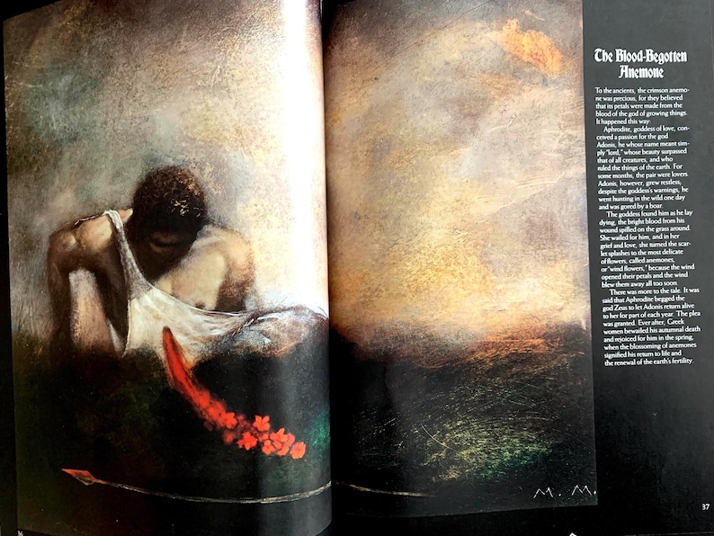 May include: A painting of a man in a white tank top sitting on the ground with a red flower in his hand. The background is a blurry landscape with a sunset in the distance. The text "The Blood-Begotten Anemone" is written in the upper right corner of the image.