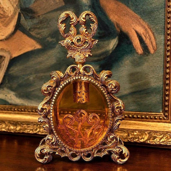Antique Ormolu Perfume Bottle – 9” Tall – Ornate Gilt Brass Filigree & Beveled Amber Glass