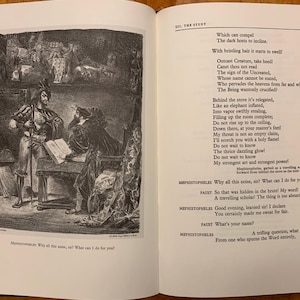 May include: A black and white illustration of a scene from the play Faust by Johann Wolfgang von Goethe. The illustration depicts a man in a long coat and hat sitting at a table with a man in a suit and hat standing next to him. The text in the image reads: "Which can compel The dark hosts to incline. With bristling hair it starts to swell Outcast Creature, take heed! Canst thou not read The sign of the Uncreated, Whose name cannot be stated, Who pervades the heavens from far and wide, The Being wantonly crucified?"