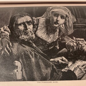 May include: A black and white illustration depicts an older man with a long beard seated, holding a book. A younger person leans over him, their expression concerned. The text "THE FORBIDDEN BOOK" is at the bottom of the image.