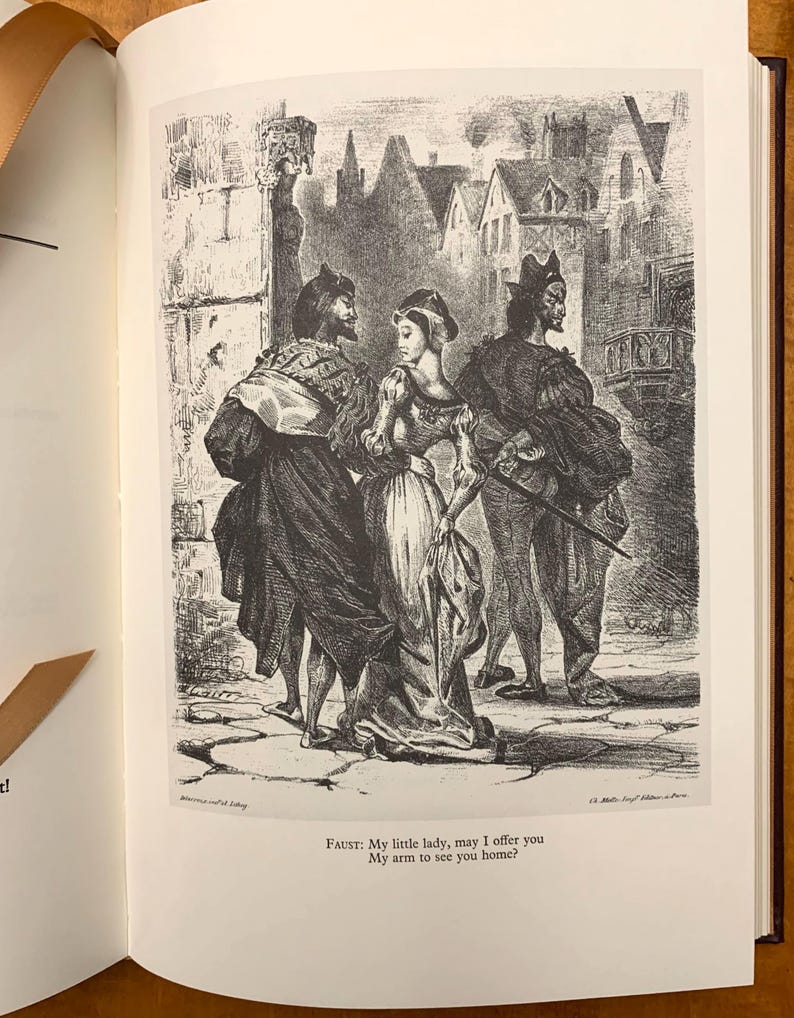 May include: A black and white illustration of three people walking in a city street. The man on the left is wearing a long coat and hat. The woman in the middle is wearing a dress and a hat. The man on the right is wearing a jester's hat and a long coat. The text "FAUST: My little lady, may I offer you My arm to see you home?" is at the bottom of the image.