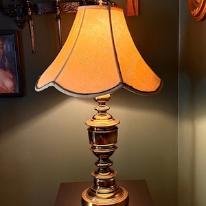 Vintage Heavy Brass Table Lamp with Scalloped Fabric Shade – Regency Style