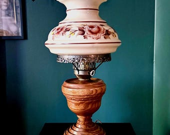 Vintage Hurricane Lamp with Hand Painted Scalloped Floral Shade and Solid Wood Base