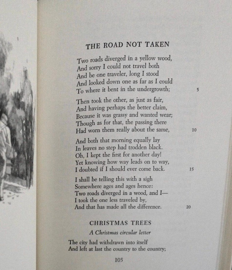 A page from a Robert Frost leather bound Easton Press book with the poem 'The Road Not Taken' by Robert Frost.