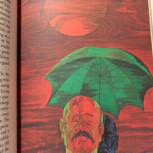 Illustration from Heart of Darkness by Joseph Conrad – Easton Press 1980 edition. Expressionist-style artwork of two men standing under a large green umbrella with red tones. Captures the intense, symbolic atmosphere of colonial Africa. A powerful visual from this collectible vintage edition.