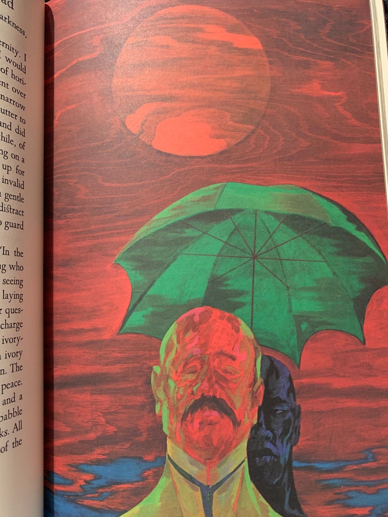 Illustration from Heart of Darkness by Joseph Conrad – Easton Press 1980 edition. Expressionist-style artwork of two men standing under a large green umbrella with red tones. Captures the intense, symbolic atmosphere of colonial Africa. A powerful visual from this collectible vintage edition.