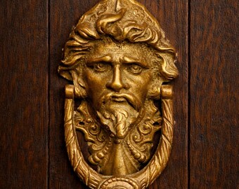 Antique Brass Door Knocker Green Man Figural Gothic Face Victorian Hardware Ornate Entry Decor 6.25 Inch