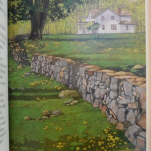 Am illustration of a stone wall curves around a grassy field with a white house in the background. The wall is made of gray and brown stones. The grass is green and there are yellow flowers scattered throughout. The house is two stories and has a white roof. There are trees in the background.