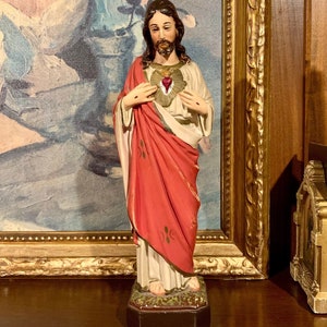 Antique Statue of Jesus - Rare Sacred Heart of Christ - Catholic Figurine