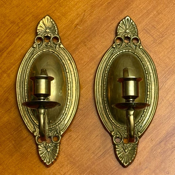 Victorian Style Brass Wall Sconces: Shell & Scroll Candle Holders