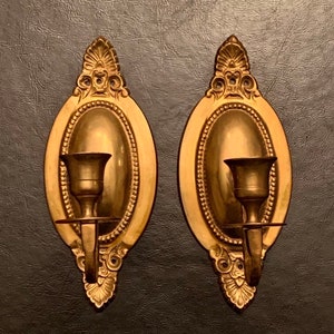 Pair of Vintage Brass Candle Wall Sconces - Gold Candlesticks for Victorian Decor