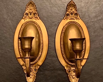 Pair of Vintage Brass Candle Wall Sconces - Gold Candlesticks for Victorian Decor