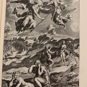 A black and white engraving depicting a scene from the Bible. Two angels with wings and swords are flying in the sky above a group of people. Below them, a group of people are fleeing from a demon and a skeleton. The scene is set in a rocky landscape with trees and bushes.