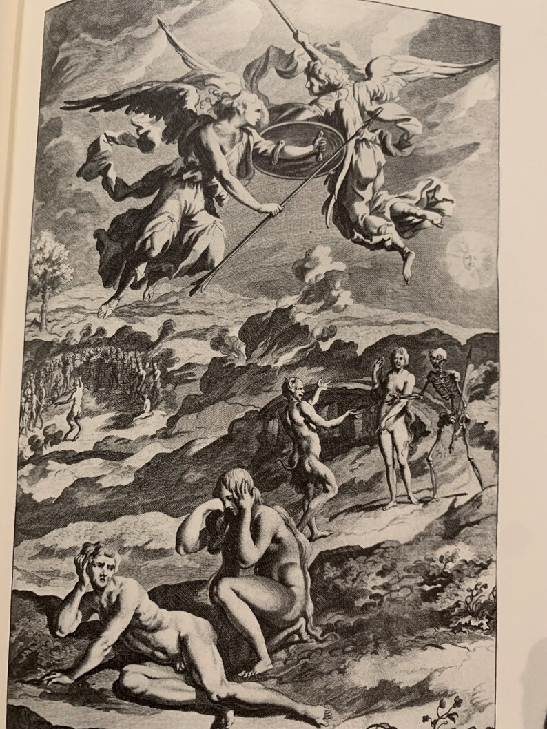 A black and white engraving depicting a scene from the Bible. Two angels with wings and swords are flying in the sky above a group of people. Below them, a group of people are fleeing from a demon and a skeleton. The scene is set in a rocky landscape with trees and bushes.