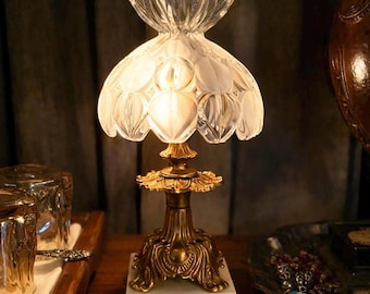 Antique Brass Table Lamp with Marble Base & Frosted Cut Glass Shade — Victorian Style Accent Lamp