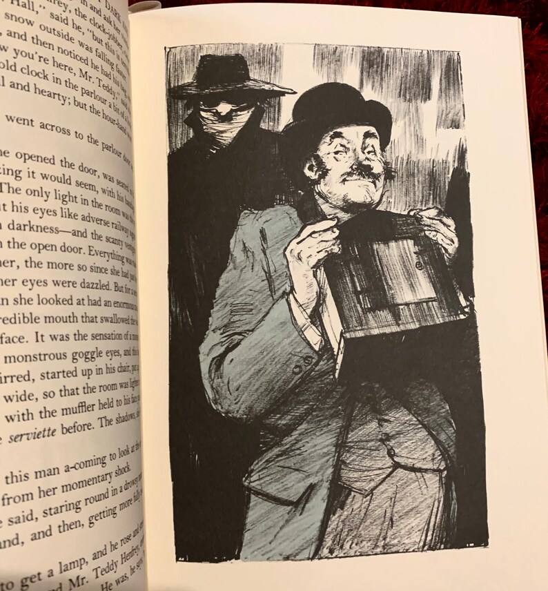 May include: A black and white illustration of a man holding a small, rectangular object. The man is wearing a suit and a hat. He has a mustache and a surprised expression on his face. The background is dark and shadowy.