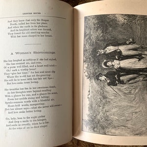 May include: Open book with text and an illustration. The left page features poetry titled "A Woman's Shortcomings." The right page shows a detailed black and white illustration of three figures in a natural setting, possibly a park or garden.