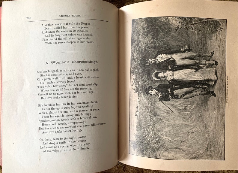 May include: Open book with text and an illustration. The left page features poetry titled "A Woman's Shortcomings." The right page shows a detailed black and white illustration of three figures in a natural setting, possibly a park or garden.