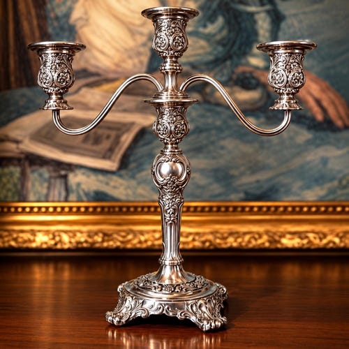 Ornate Antique Candelabra - (1915) Three Arm Silver Candlestick Holder for Elegant Home Decor