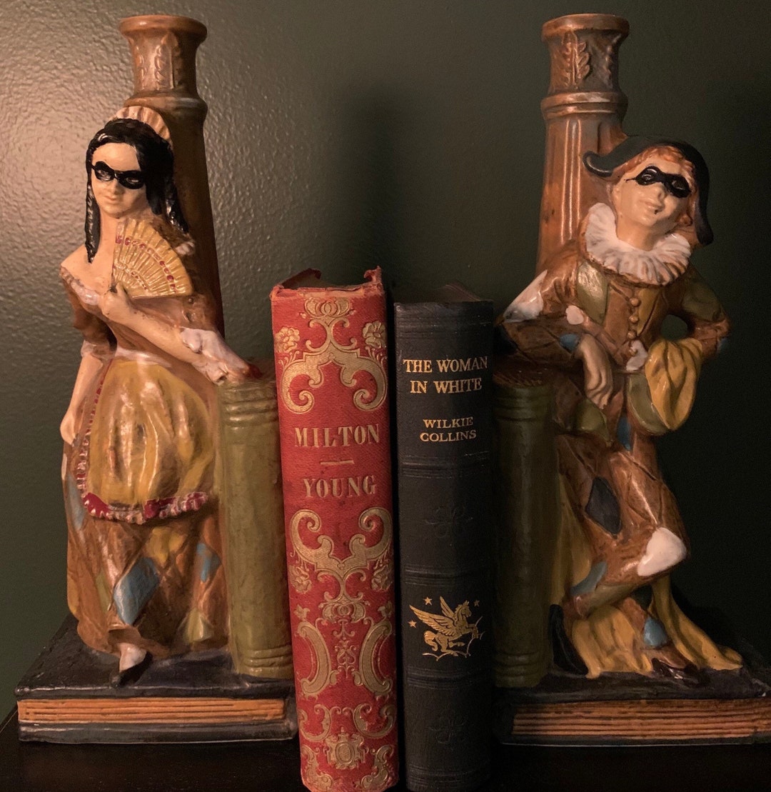 Vintage Ceramic Bookends Hand Painted, Mardi Gras Inspired, Wine Decanters Excellent Accent