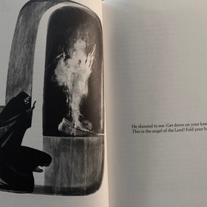 May include: A black and white illustration of a person kneeling before a glowing figure in a doorway. The text reads: "He shouted to me: Get down on your knees: This is the angel of the Lord! Fold your hands!"