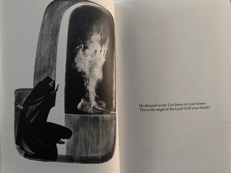 May include: A black and white illustration of a person kneeling before a glowing figure in a doorway. The text reads: "He shouted to me: Get down on your knees: This is the angel of the Lord! Fold your hands!"