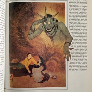 May include: An illustration of a blue-skinned demon with horns and a mischievous grin, holding a lamp. The demon is surrounded by a swirling orange and yellow background. The text "Summoning a spirit servant" is written in black at the top of the image.