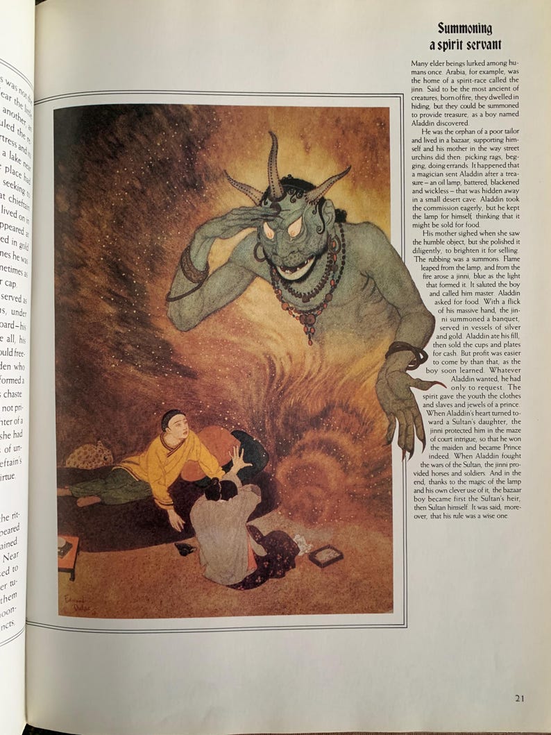 May include: An illustration of a blue-skinned demon with horns and a mischievous grin, holding a lamp. The demon is surrounded by a swirling orange and yellow background. The text "Summoning a spirit servant" is written in black at the top of the image.