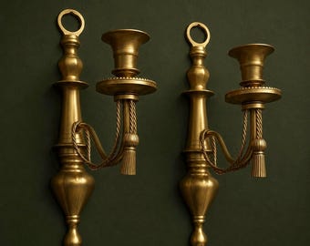 Vintage Brass Wall Sconces Pair: Twisted Rope Candle Holders