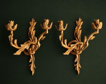 Vintage French Brass Wall Sconces Pair – Rococo Floral Candle Sconces